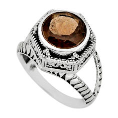 5.83cts faceted brown smoky topaz round 925 sterling silver ring size 9.5 y82721