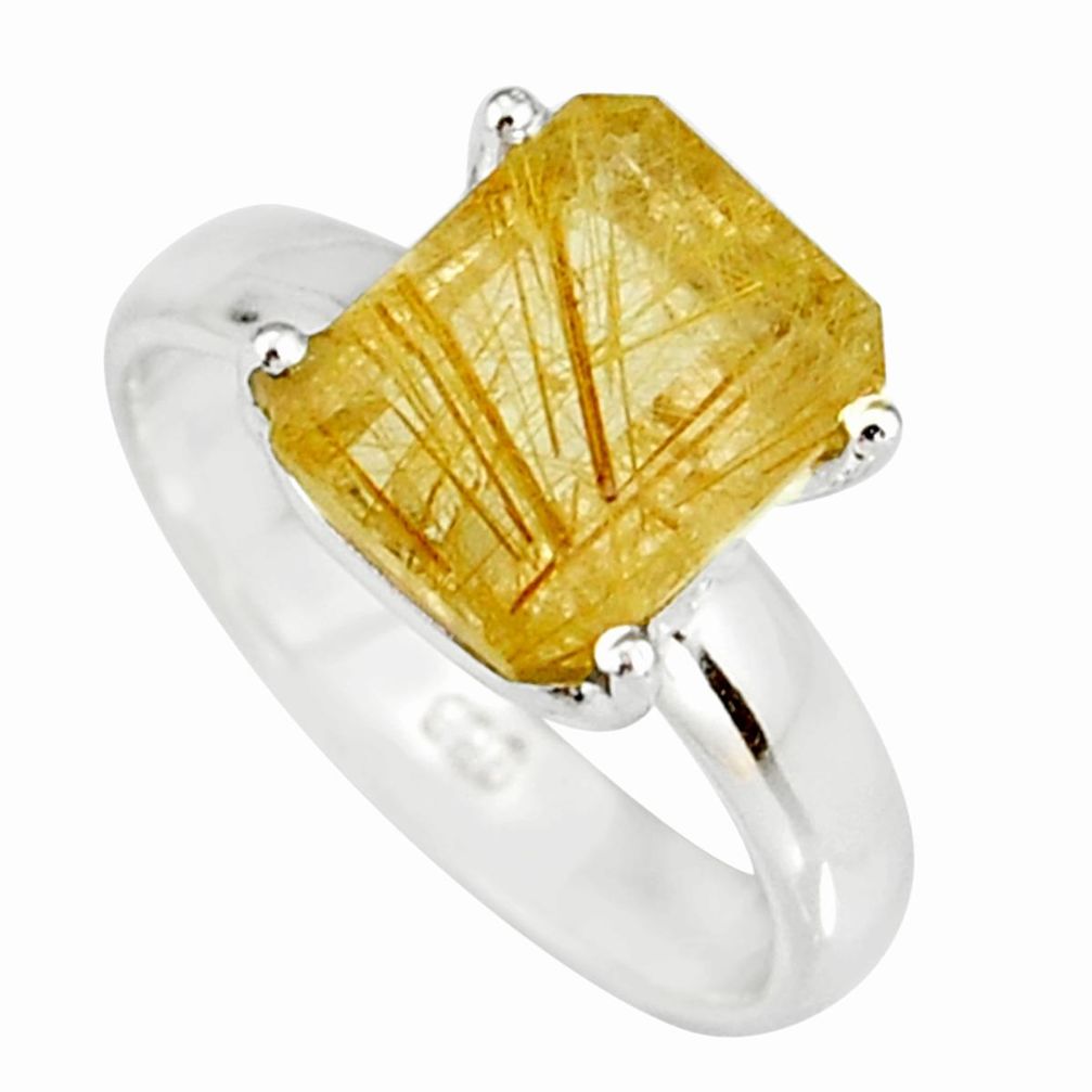4.08cts faceted golden rutile 925 sterling silver solitaire ring size 7 r19141