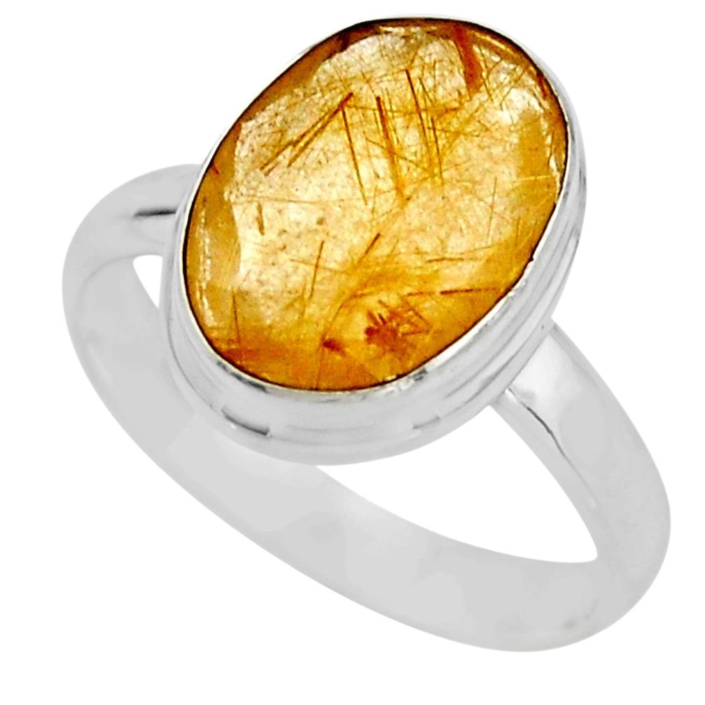 6.39cts faceted golden tourmaline rutile silver solitaire ring size 8.5 r53667
