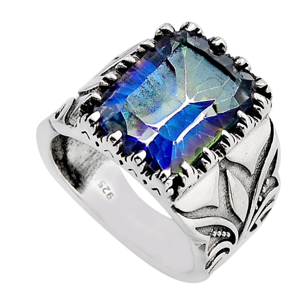 5.93cts faceted multi color rainbow topaz octagan silver ring size 5.5 y85139