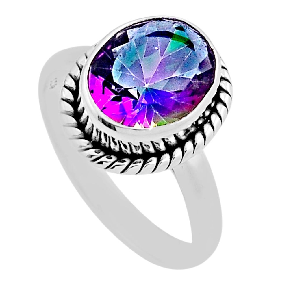 5.28cts faceted multi color rainbow topaz oval 925 silver ring size 7.5 n24146