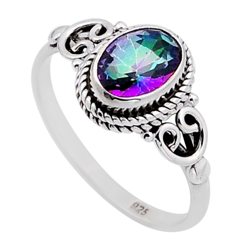 1.79cts faceted multi color rainbow topaz oval 925 silver ring size 6.5 n52667