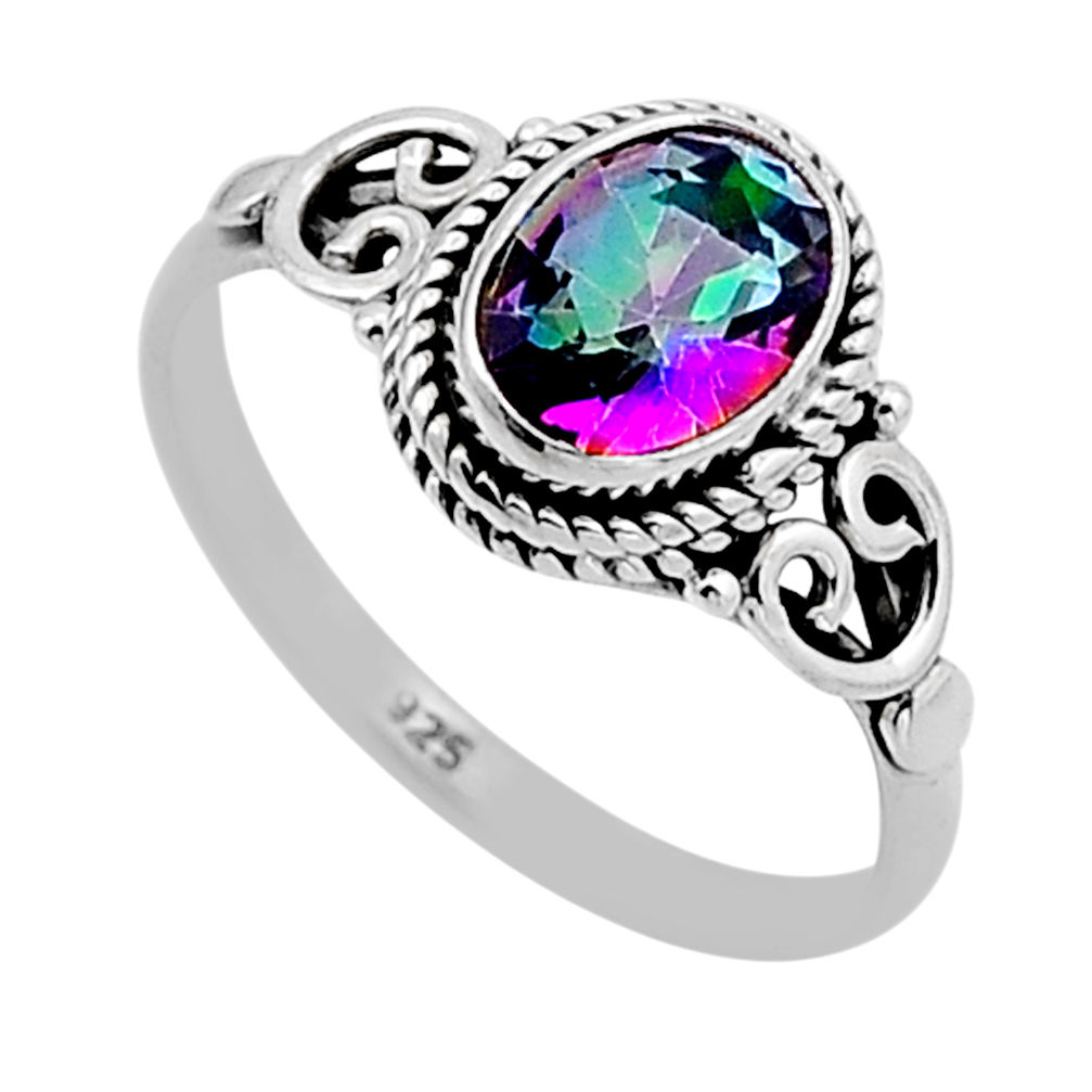 1.81cts faceted multi color rainbow topaz oval 925 silver ring size 6.5 n52691