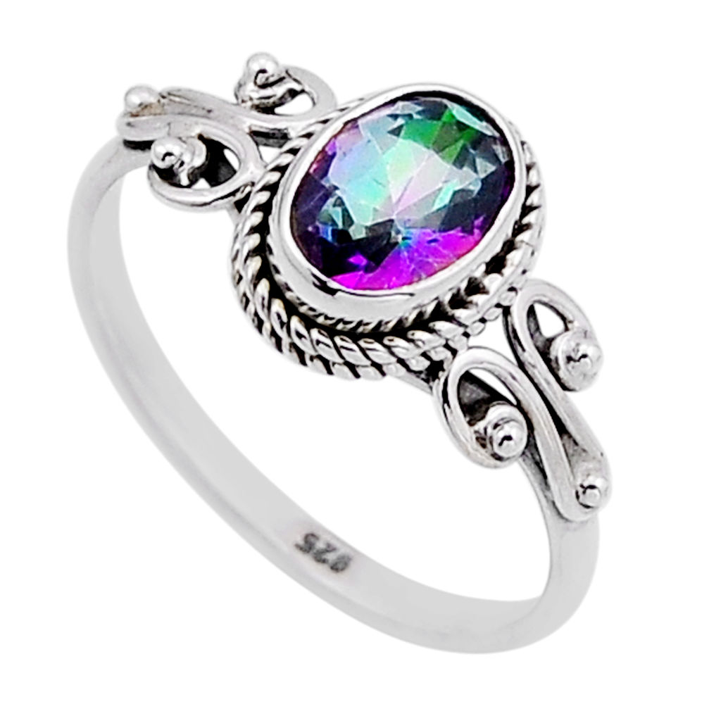 2.13cts faceted multi color rainbow topaz oval 925 silver ring size 8.5 n52917