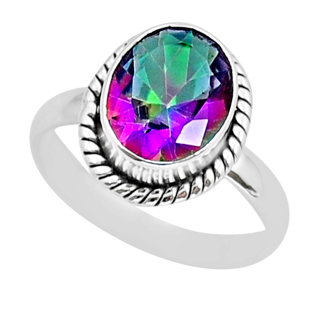 5.32cts faceted multi color rainbow topaz oval 925 silver ring size 7.5 y16483