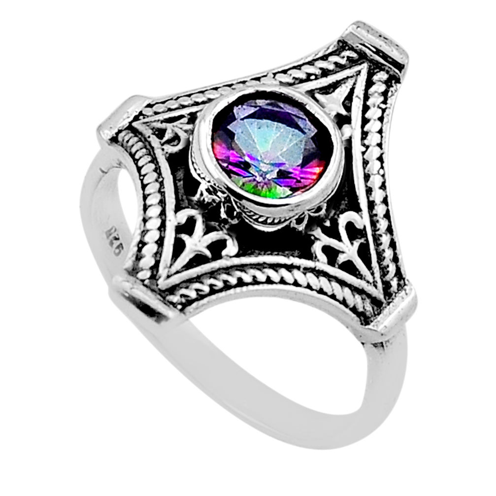 0.97cts faceted multi color rainbow topaz round 925 silver ring size 9.5 n46910