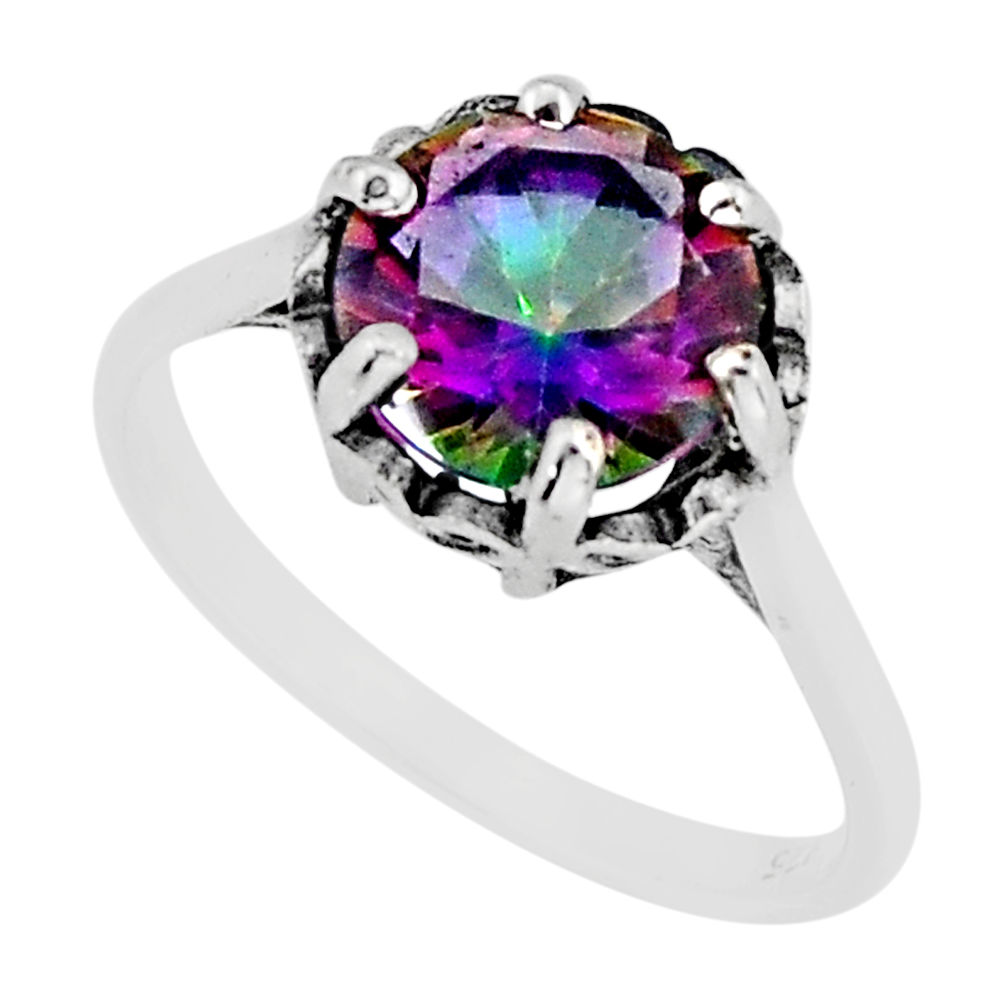 4.59cts faceted multi color rainbow topaz round 925 silver ring size 8.5 y73163