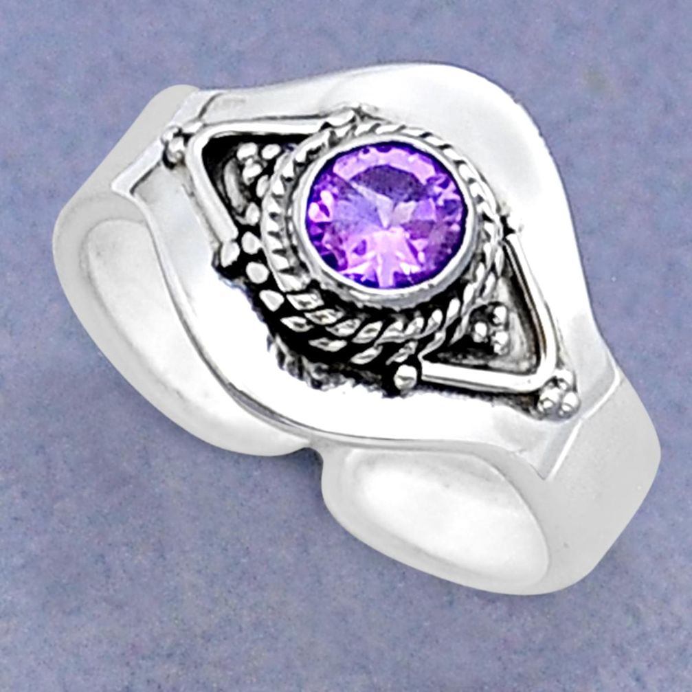 0.86cts faceted natural amethyst round silver adjustable ring size 7.5 y15932