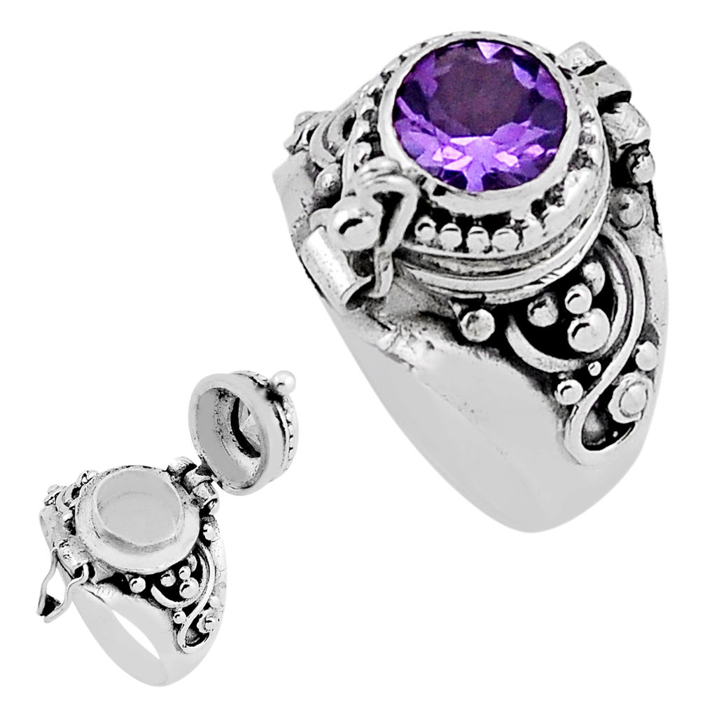 2.66cts faceted natural amethyst round silver poison box ring size 6.5 n40884
