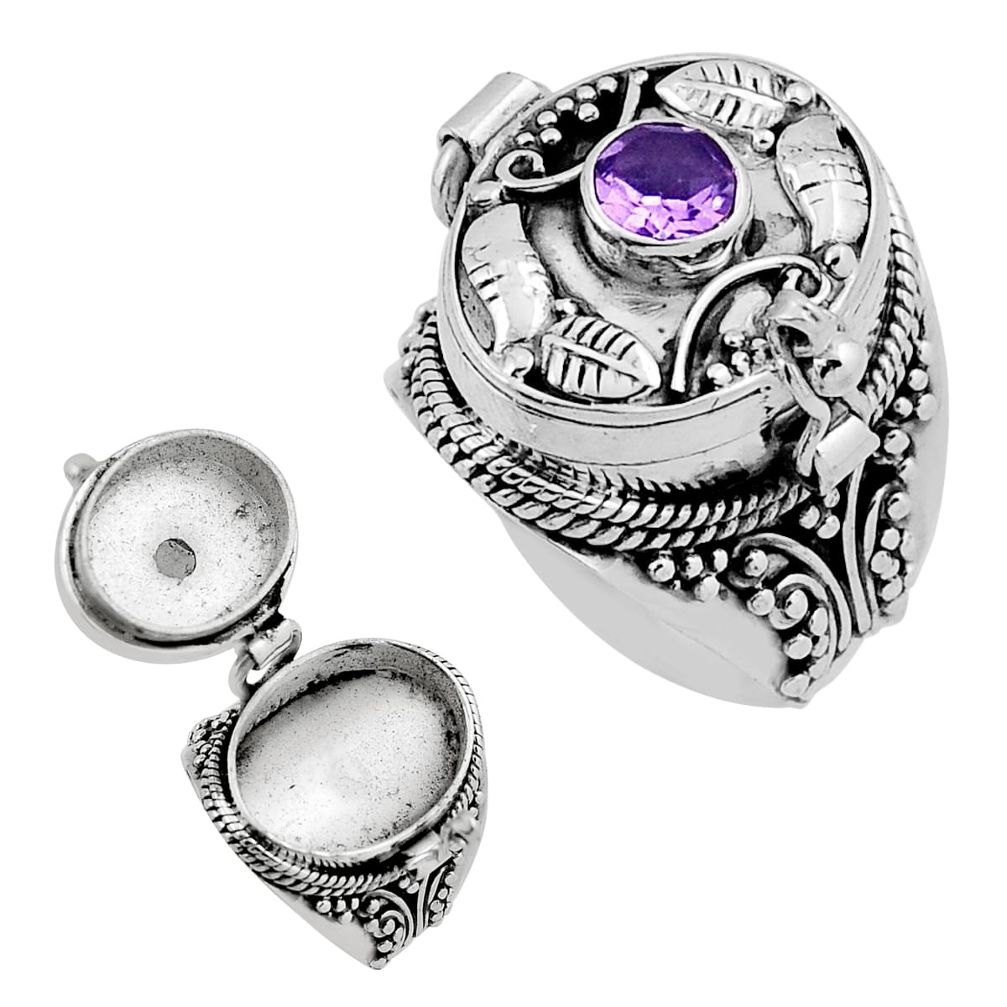 0.89cts faceted natural amethyst round silver poison box ring size 7.5 n43750