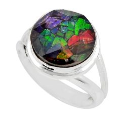 6.33cts faceted natural ammolite (canadian) round silver ring size 7.5 y47946
