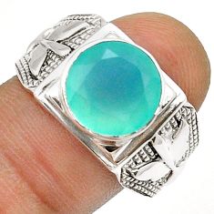 5.95cts faceted natural aqua chalcedony round silver mens ring size 10 u71874