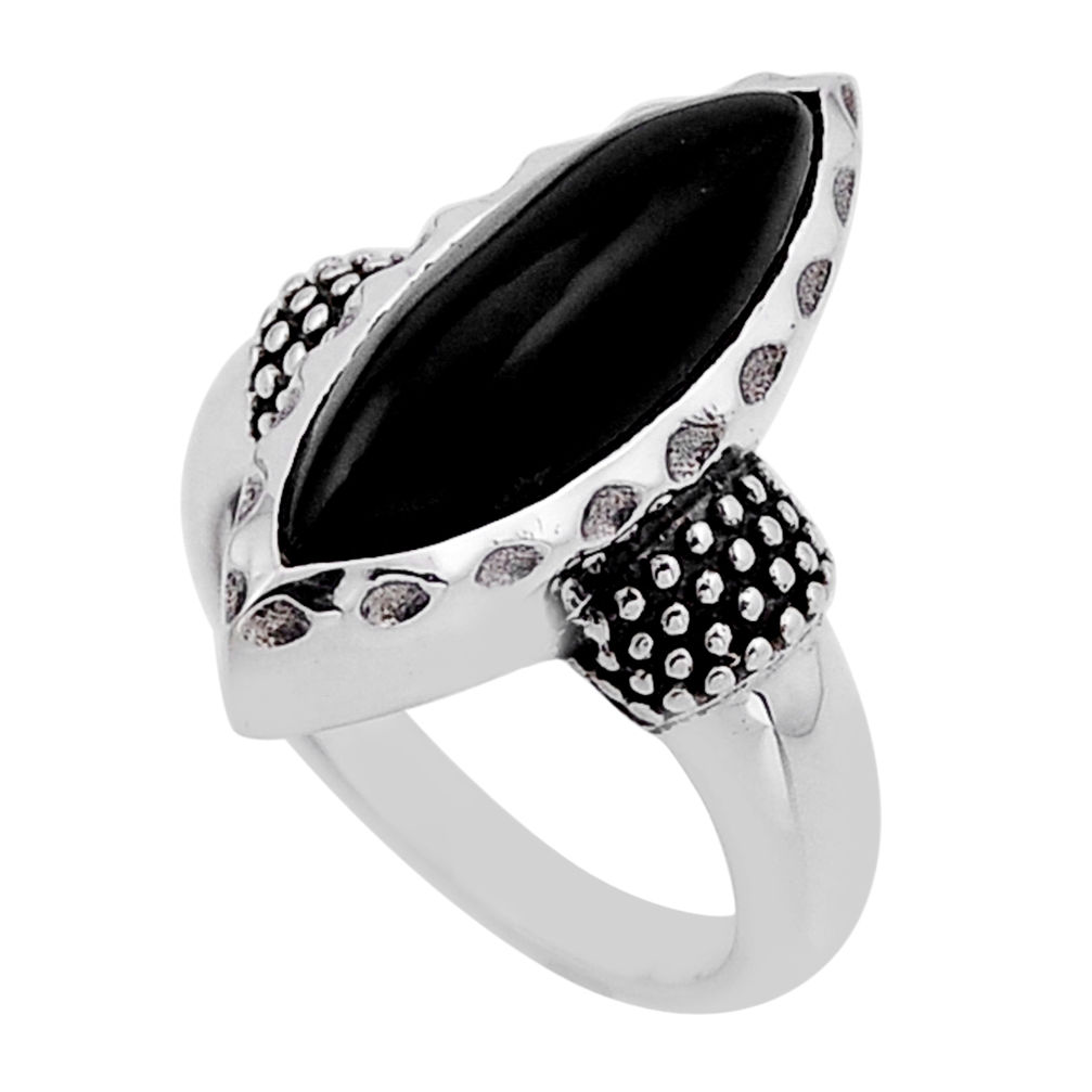 5.66cts faceted natural black onyx marquise sterling silver ring size 6 n54715