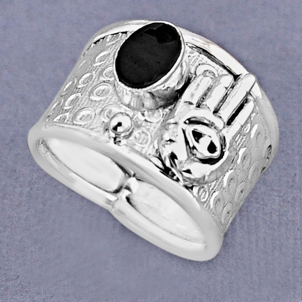 1.31cts faceted natural black onyx silver hand of god hamsa ring size 7 y53142