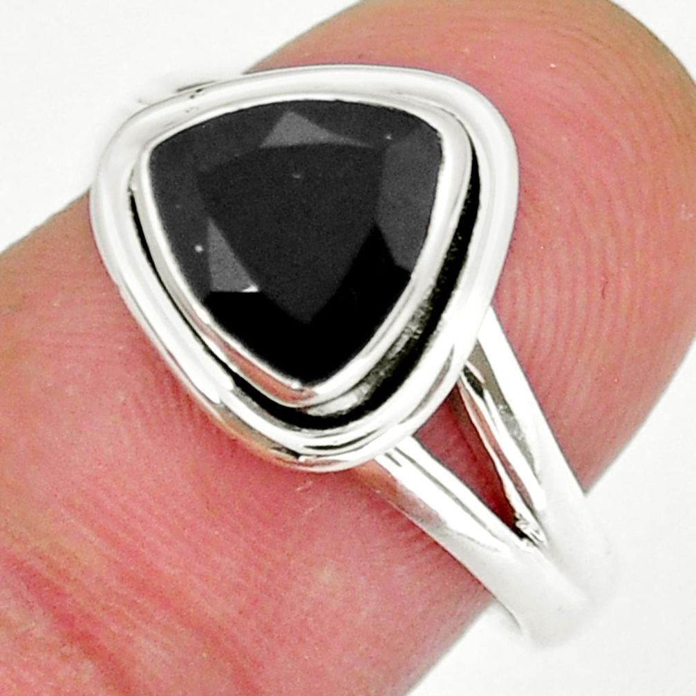 3.13cts faceted natural black onyx trillion sterling silver ring size 7.5 y16327