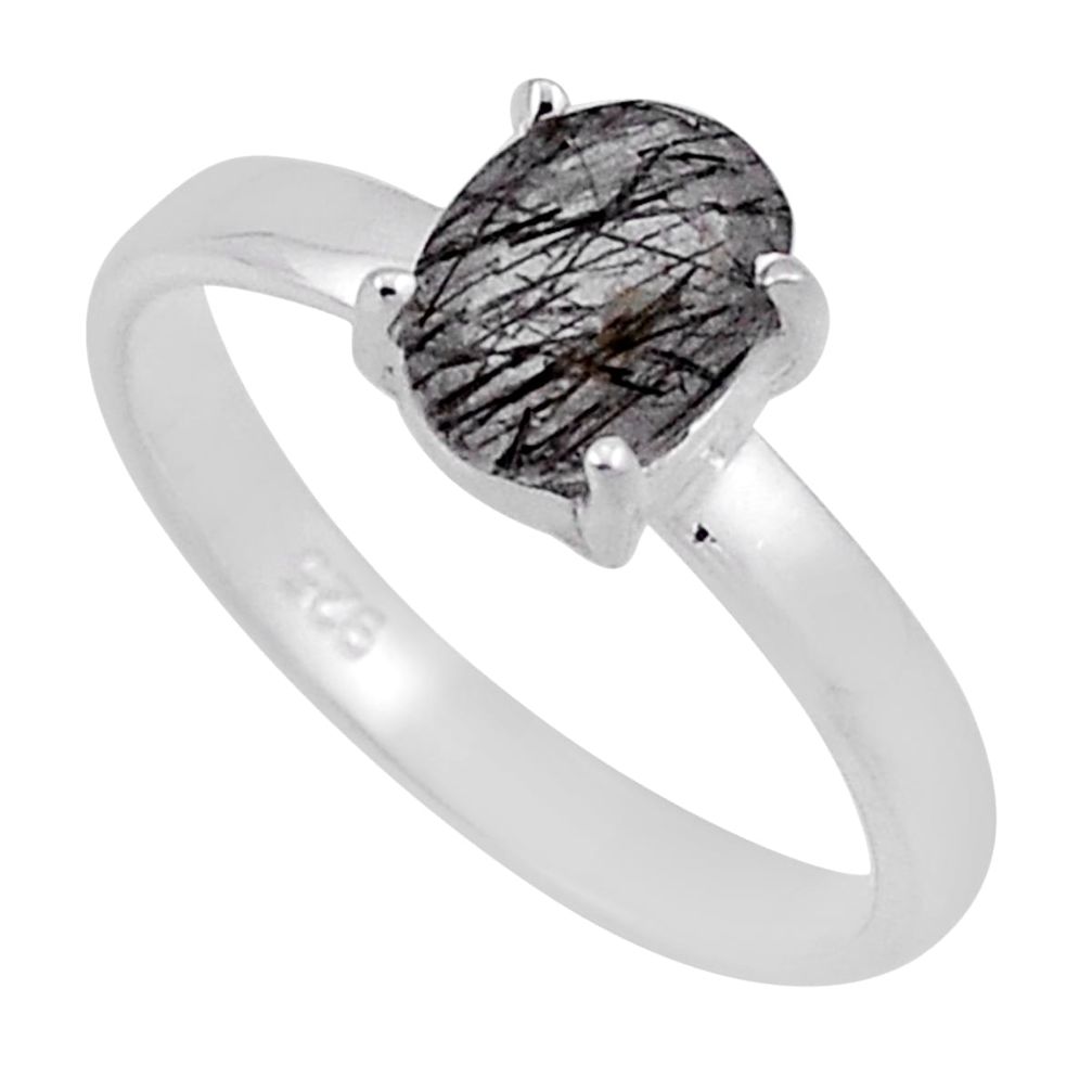 2.23cts faceted natural black tourmaline rutile 925 silver ring size 7 n39853