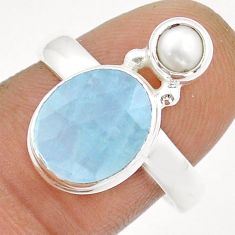 5.80cts faceted natural blue aquamarine pearl 925 silver ring size 8.5 u90955
