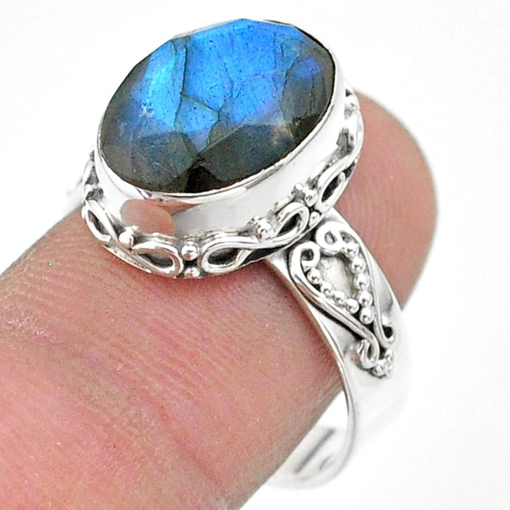 7.07cts faceted natural blue labradorite 925 silver ring size 8.5 t44825