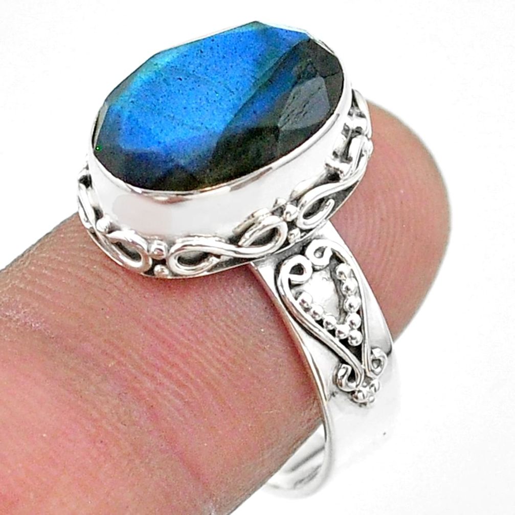 7.04cts faceted natural blue labradorite 925 silver ring size 8.5 t44839