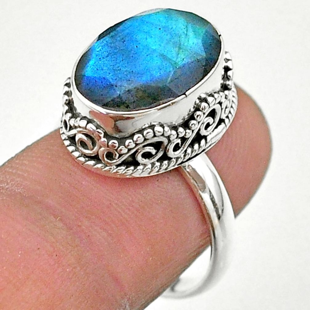 6.41cts faceted natural blue labradorite 925 silver ring size 7.5 t44846