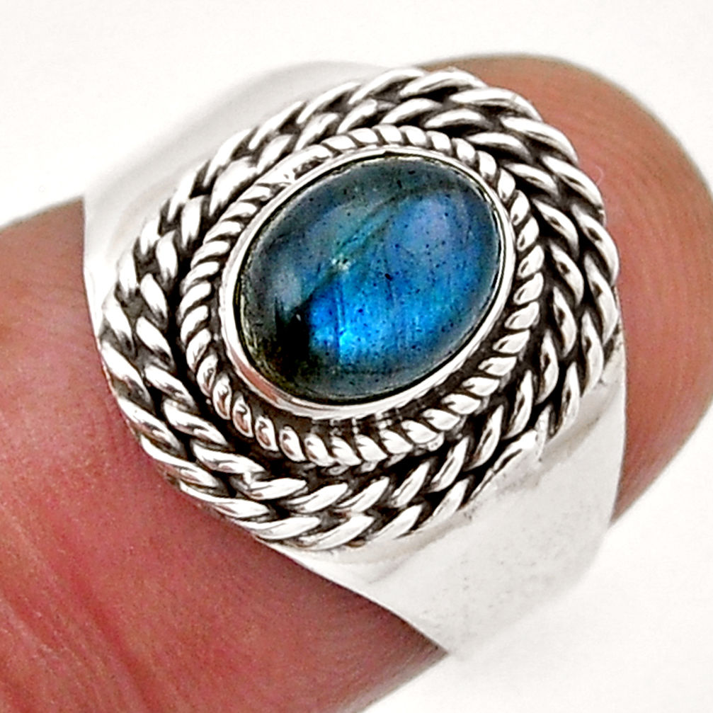 2.09cts faceted natural blue labradorite oval 925 silver ring size 6.5 n40236