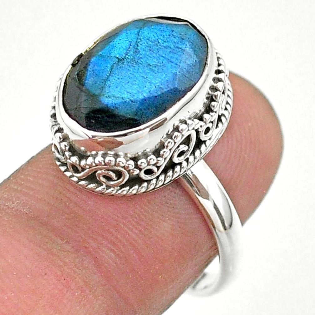 6.63cts faceted natural blue labradorite oval 925 silver ring size 7 t44849