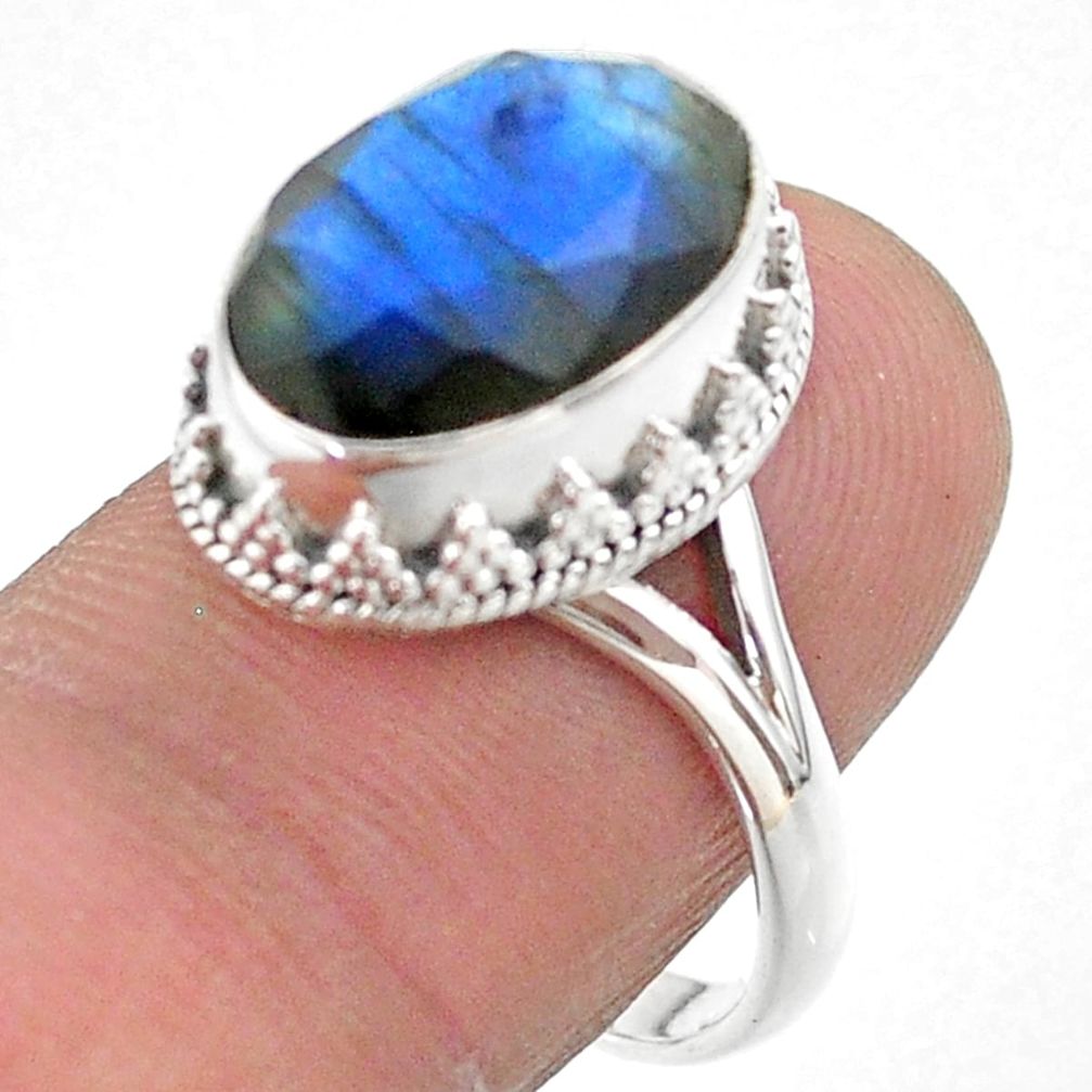 6.04cts faceted natural blue labradorite oval 925 silver ring size 8 t44822