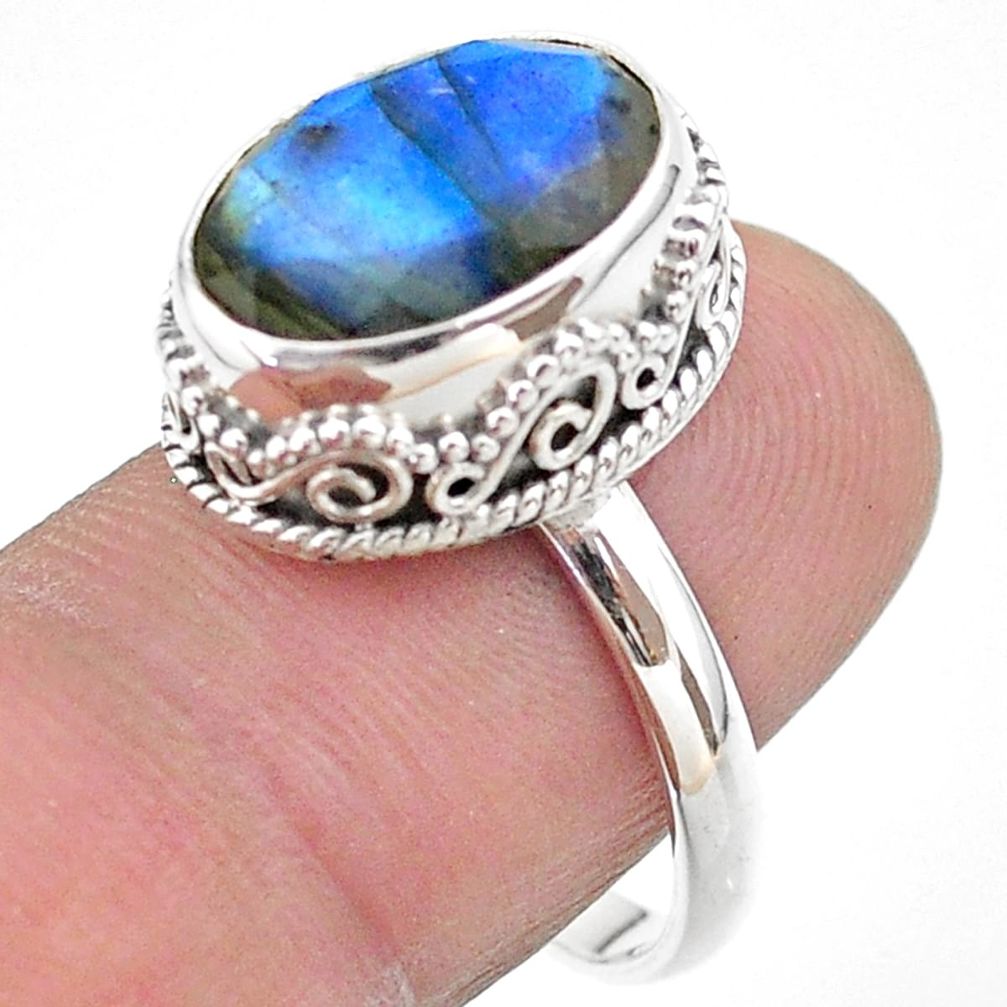 6.85cts faceted natural blue labradorite oval 925 silver ring size 8 t44830