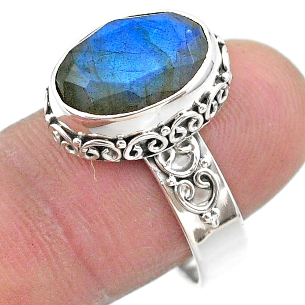 6.83cts faceted natural blue labradorite oval 925 silver ring size 8 t44834