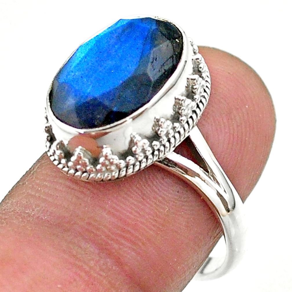 6.83cts faceted natural blue labradorite oval 925 silver ring size 8 t44844