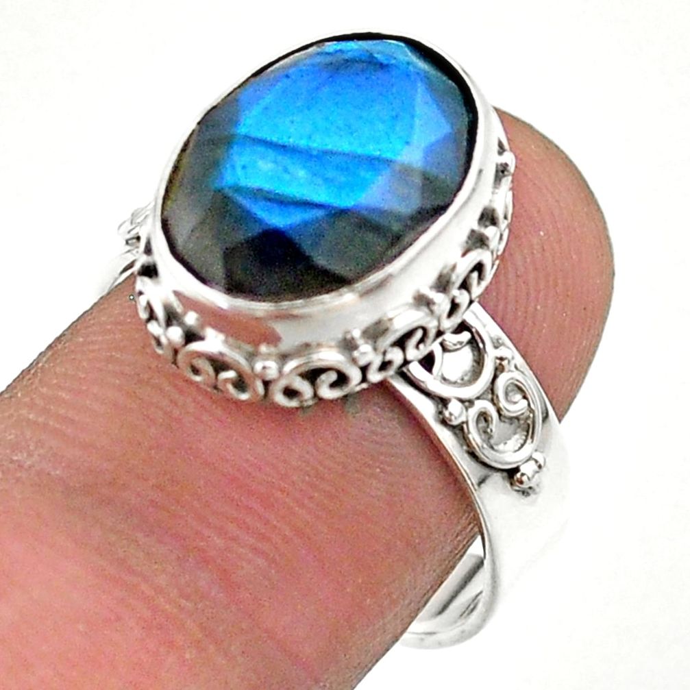 6.30cts faceted natural blue labradorite oval 925 silver ring size 8 t44852