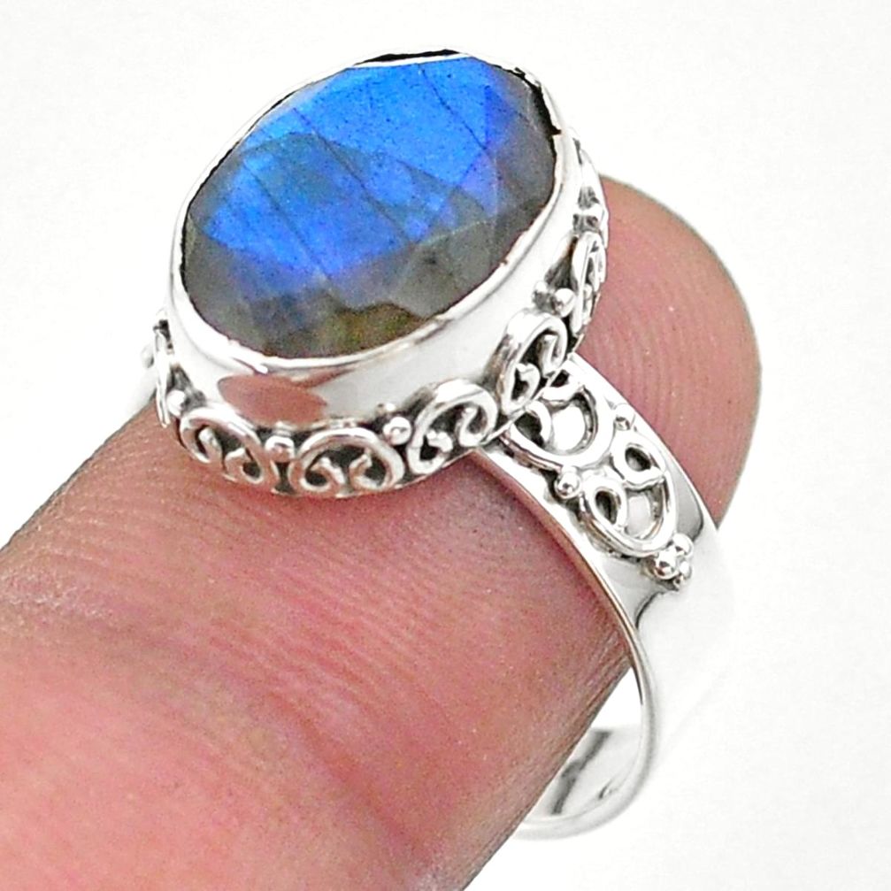 6.30cts faceted natural blue labradorite oval 925 silver ring size 8 t44857