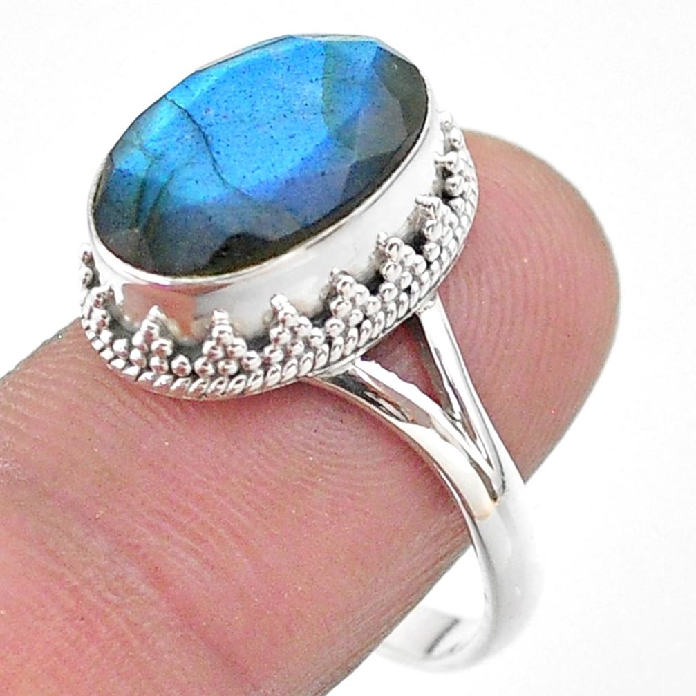 6.48cts faceted natural blue labradorite oval 925 silver ring size 9 t44828