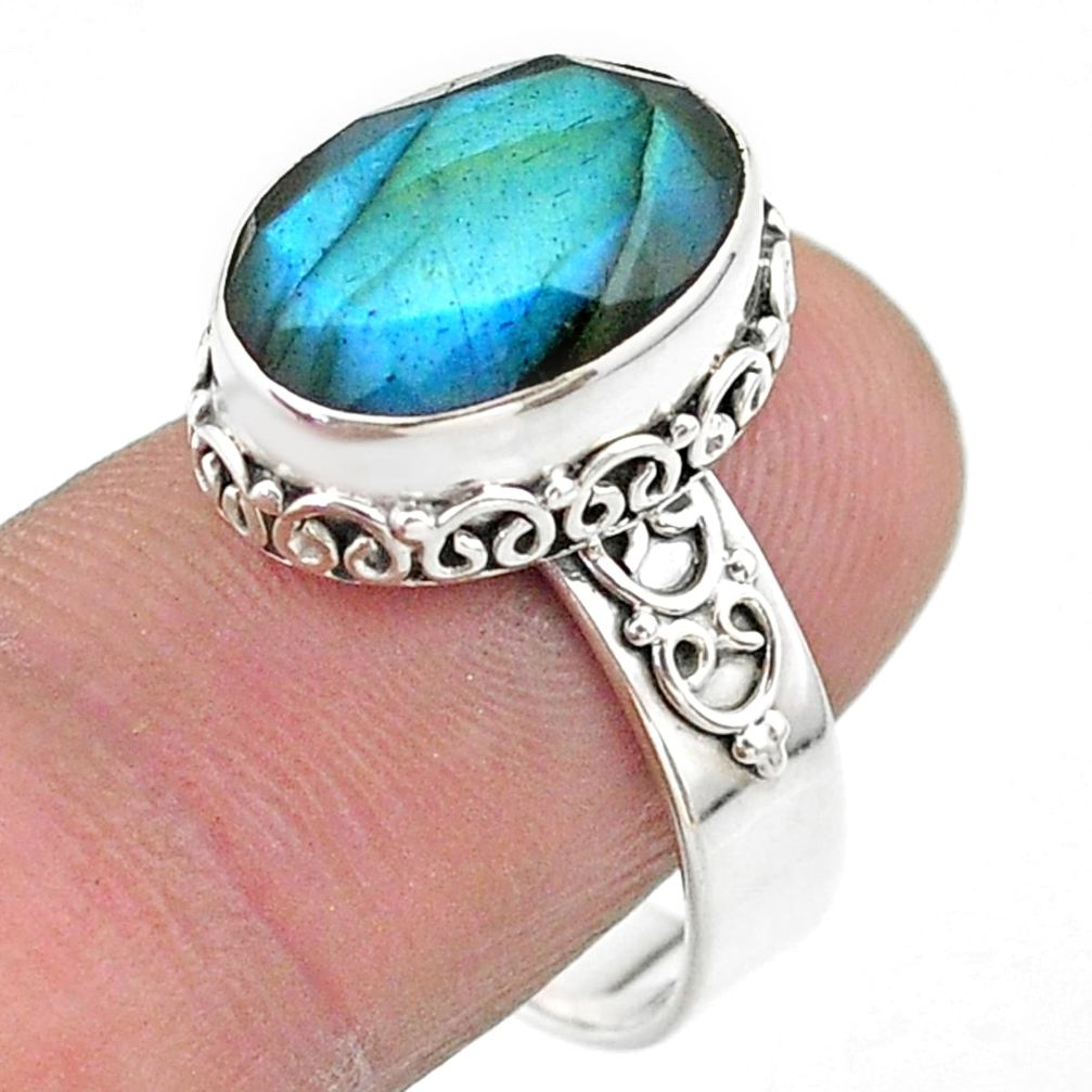 6.48cts faceted natural blue labradorite oval 925 silver ring size 8.5 t44840