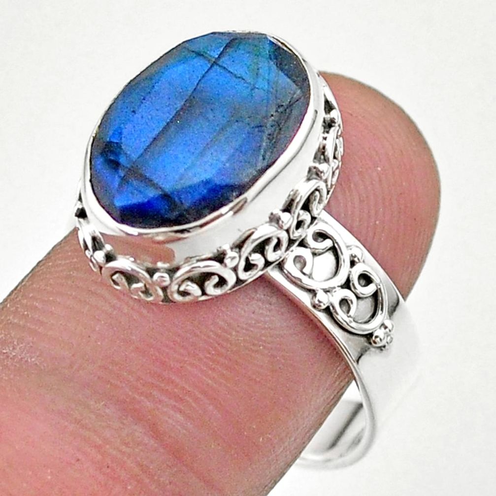6.58cts faceted natural blue labradorite oval 925 silver ring size 8.5 t44847