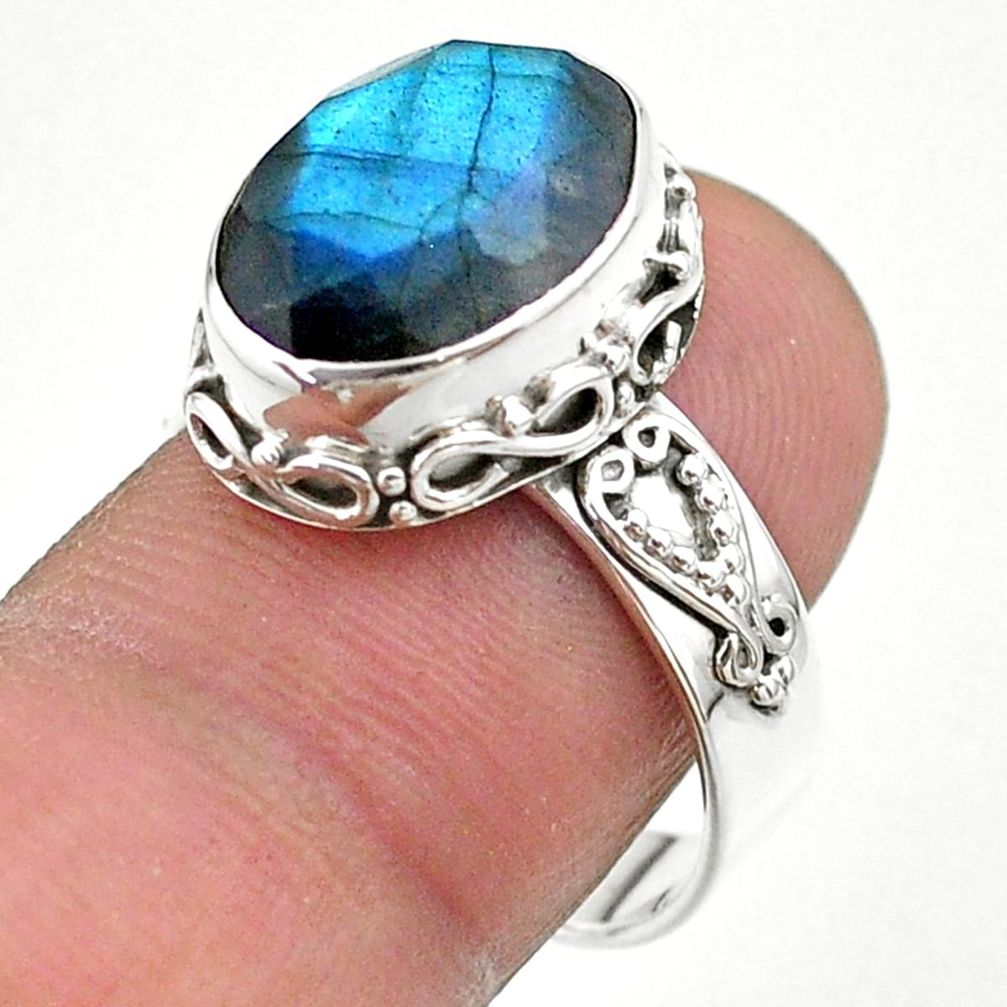 6.48cts faceted natural blue labradorite oval 925 silver ring size 8.5 t44848