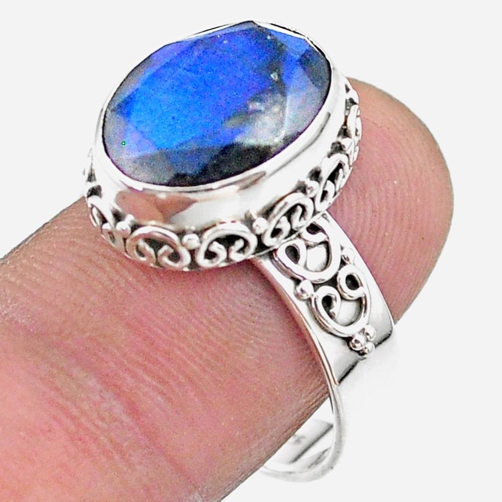 6.58cts faceted natural blue labradorite oval 925 silver ring size 8.5 t44854