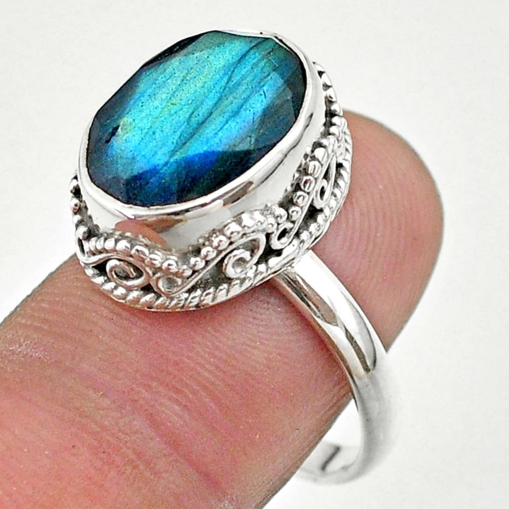 6.45cts faceted natural blue labradorite oval 925 silver ring size 8.5 t44859