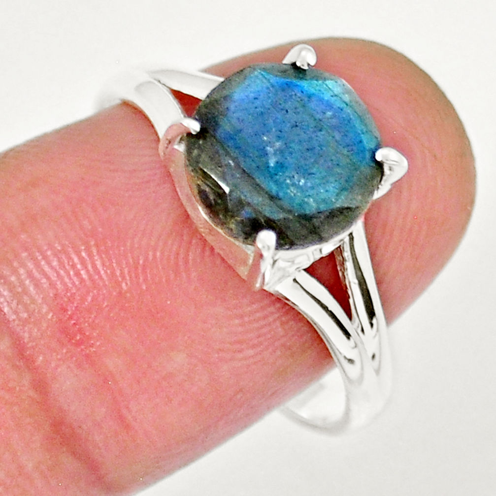 4.53cts faceted natural blue labradorite round 925 silver ring size 8.5 y16673