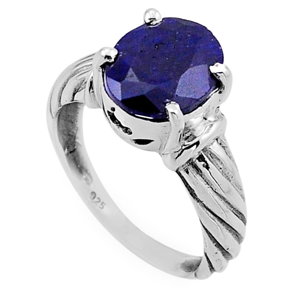 5.08cts faceted natural blue sapphire oval sterling silver ring size 8 n50942