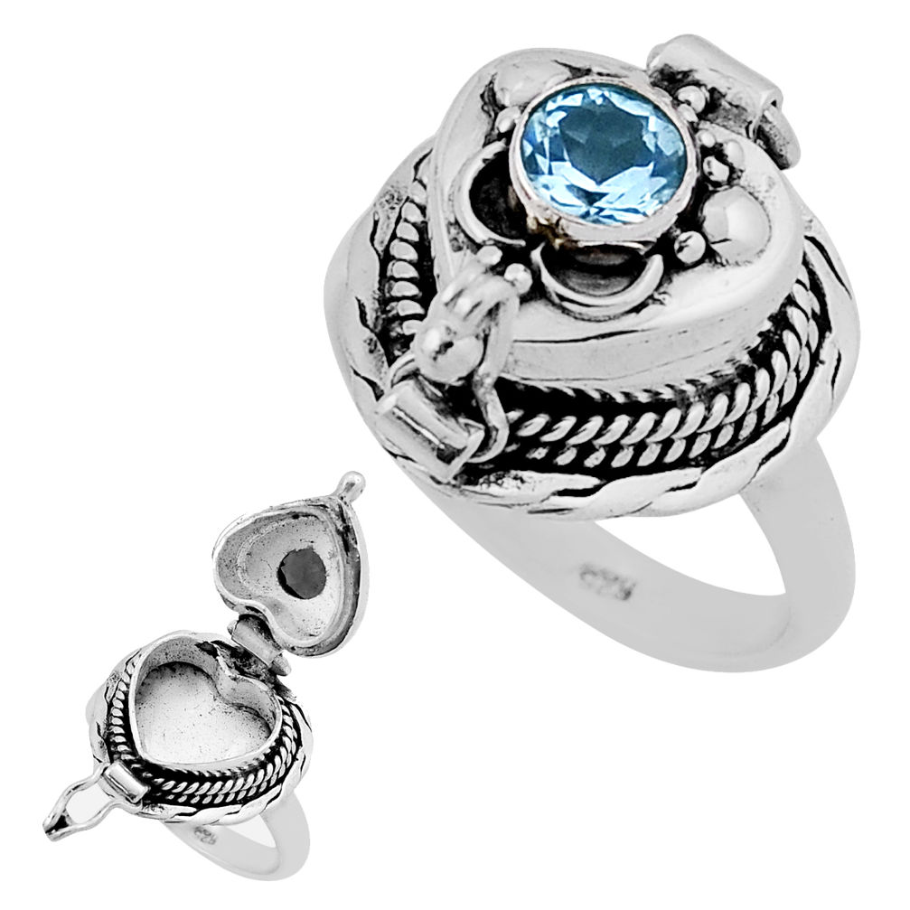 0.82cts faceted natural blue topaz 925 silver poison box ring size 6.5 n39137