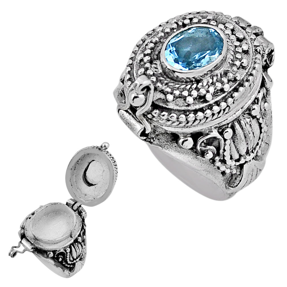 1.93cts faceted natural blue topaz 925 silver poison box ring size 6.5 n39149