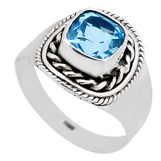 2.30cts faceted natural blue topaz cushion shape 925 silver ring size 6.5 n34658
