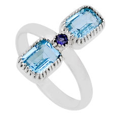 3.29cts faceted natural blue topaz octagan iolite silver ring size 6.5 n34891