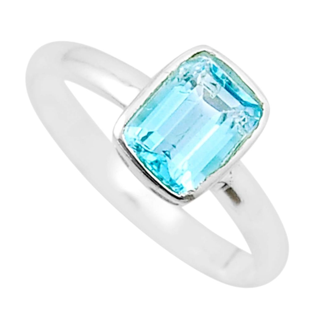 2.11cts faceted natural blue topaz octagan sterling silver ring size 9 u35312