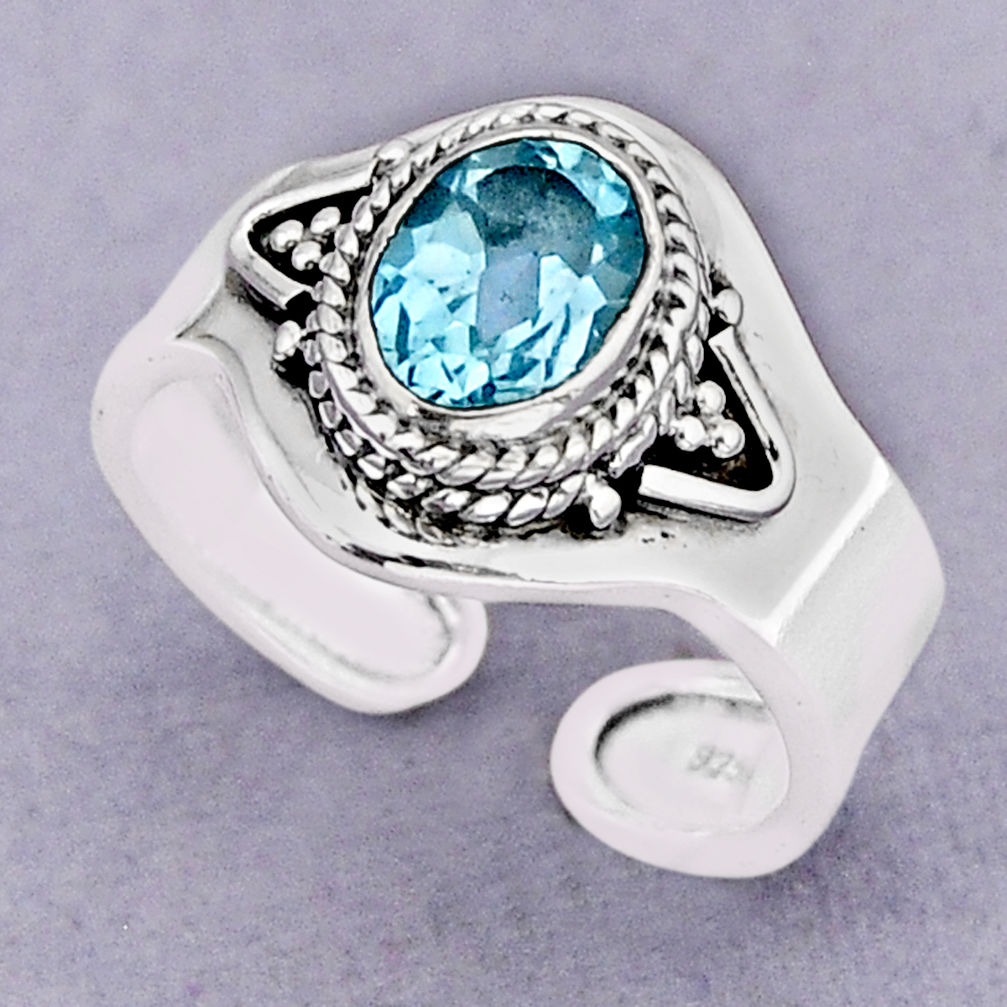 2.19cts faceted natural blue topaz oval 925 silver adjustable ring size 8 y75369
