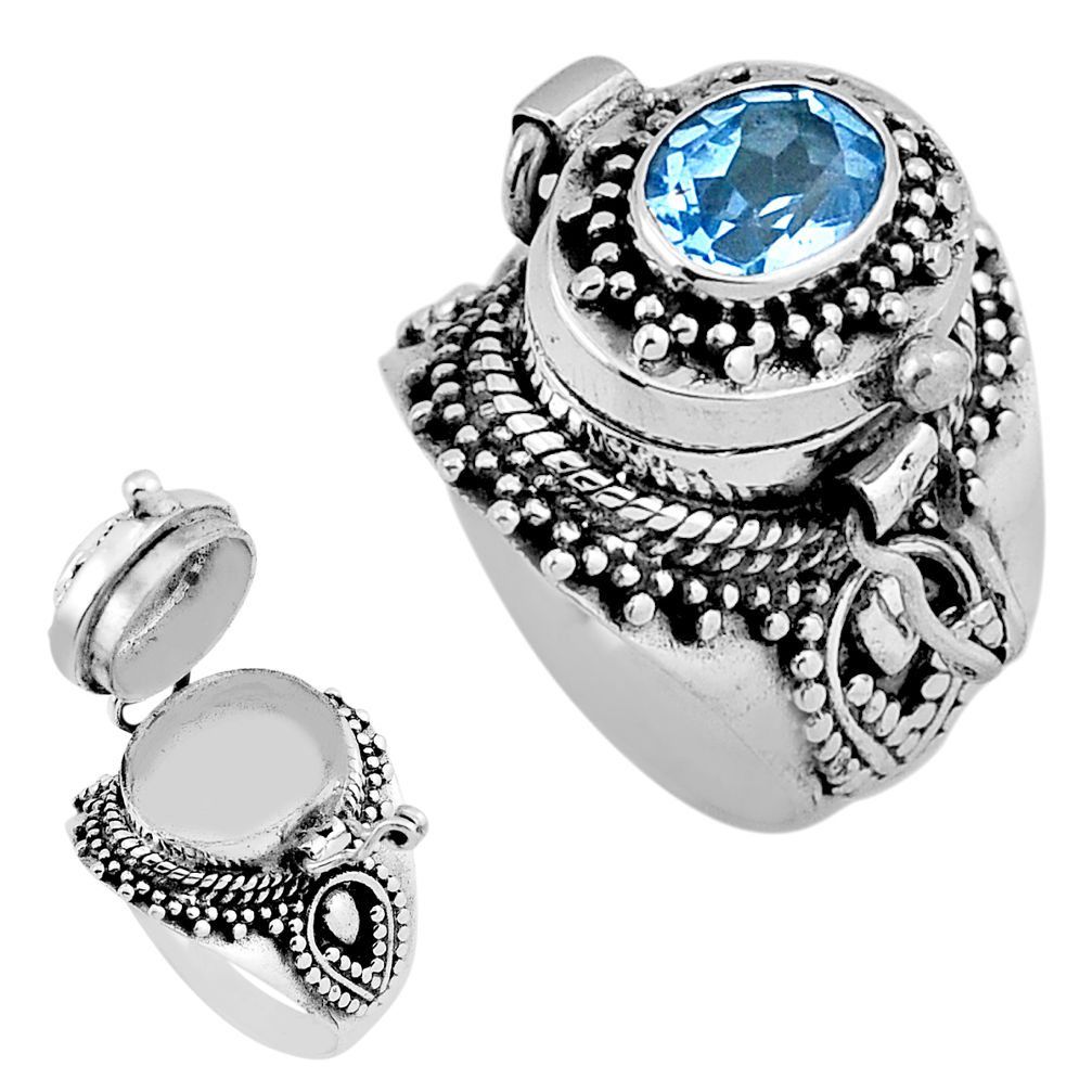 1.82cts faceted natural blue topaz oval 925 silver poison box ring size 6 n39148