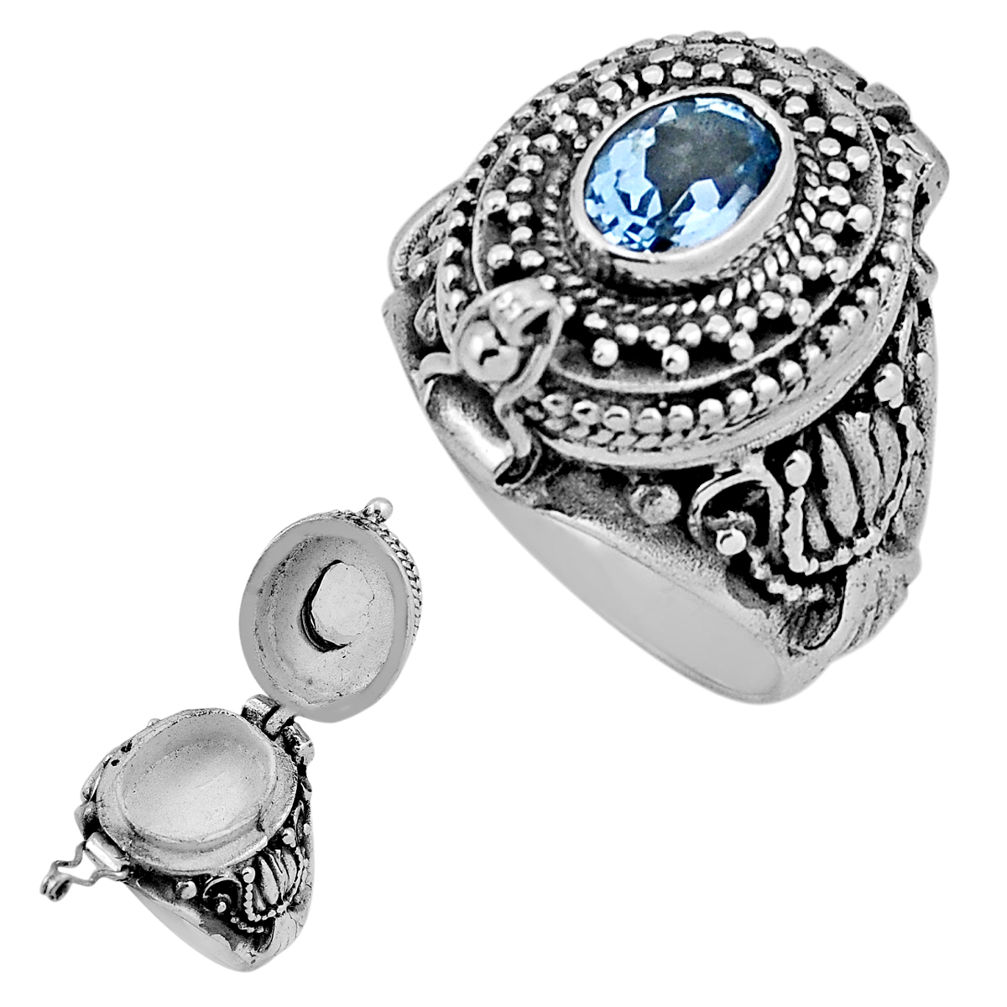 1.89cts faceted natural blue topaz oval 925 silver poison box ring size 8 n39155