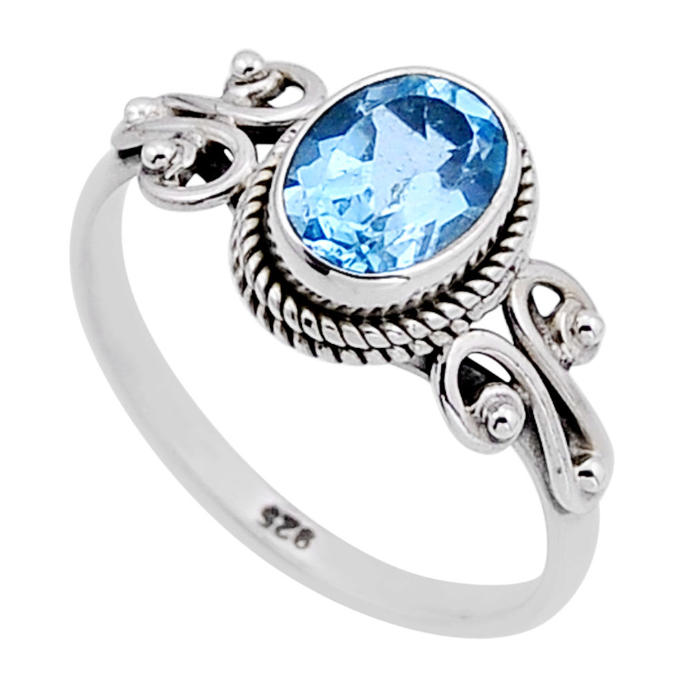 2.11cts faceted natural blue topaz oval 925 sterling silver ring size 7.5 n52913