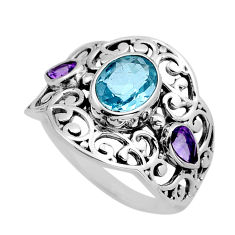 3.14cts faceted natural blue topaz oval amethyst 925 silver ring size 8 y82705